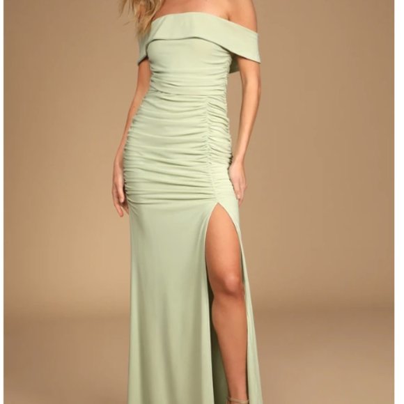 {LULUS} Revel in the Romance Light Sage Mesh Off-the-Shoulder Maxi Dress - Picture 2 of 3